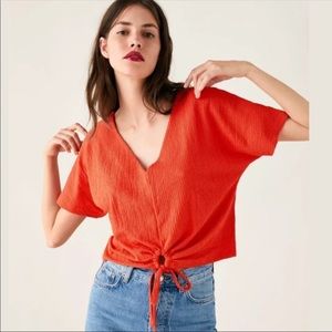 ZARA Cropped Crepe Textured Blouse | Orange Red | Size Small